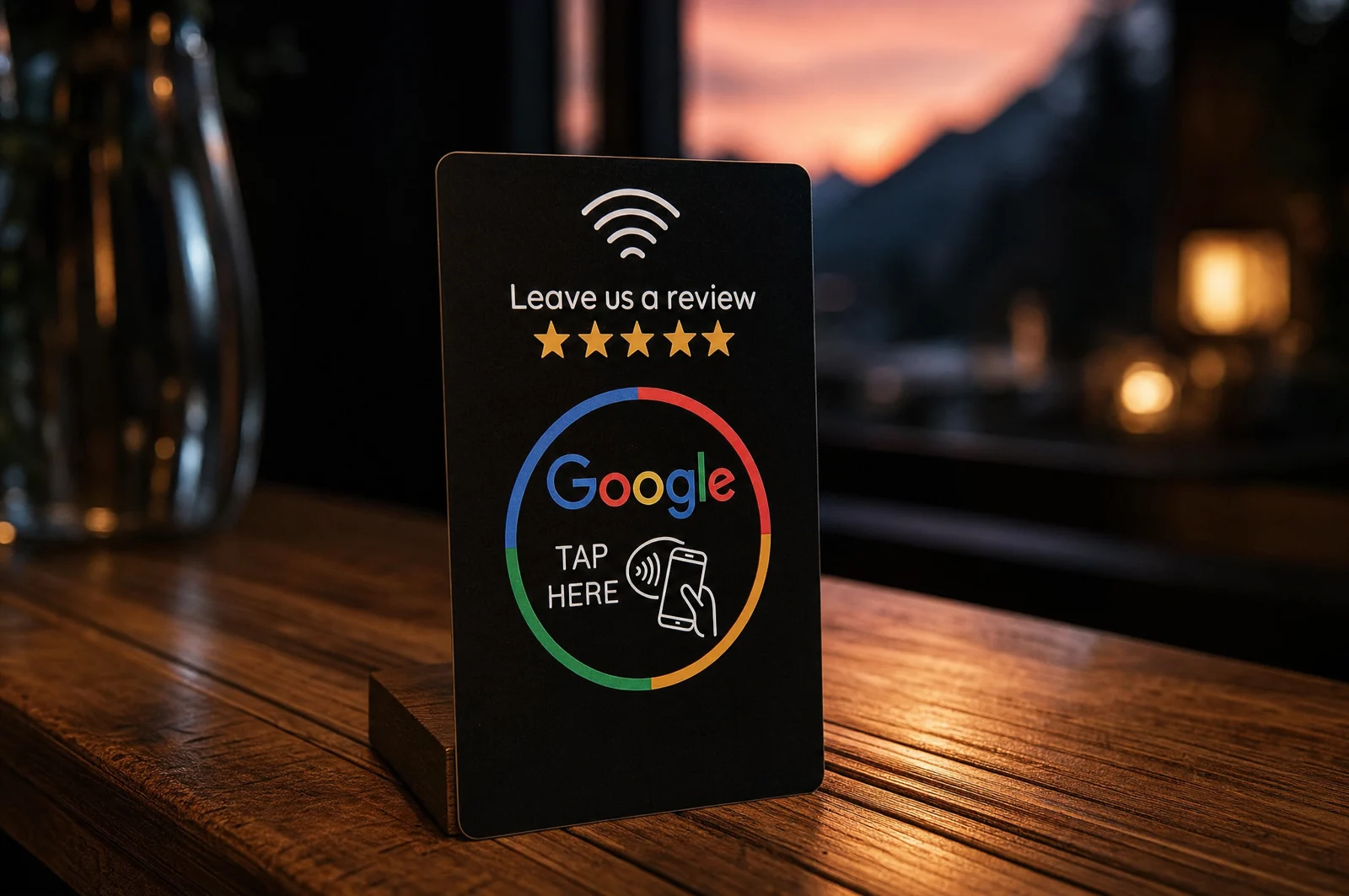 Card recensioni NFC su un bancone di legno, con luci soffuse e le montagne al tramonto sullo sfondo