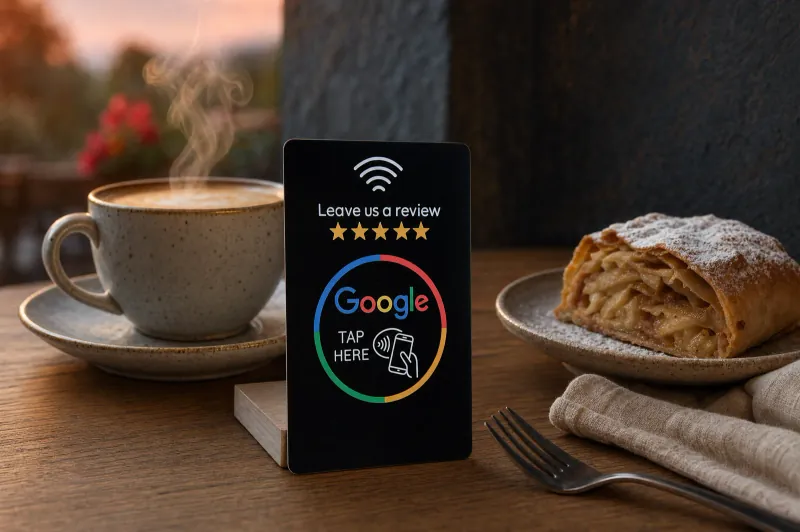 Card recensioni NFC su un tavolo da caffè